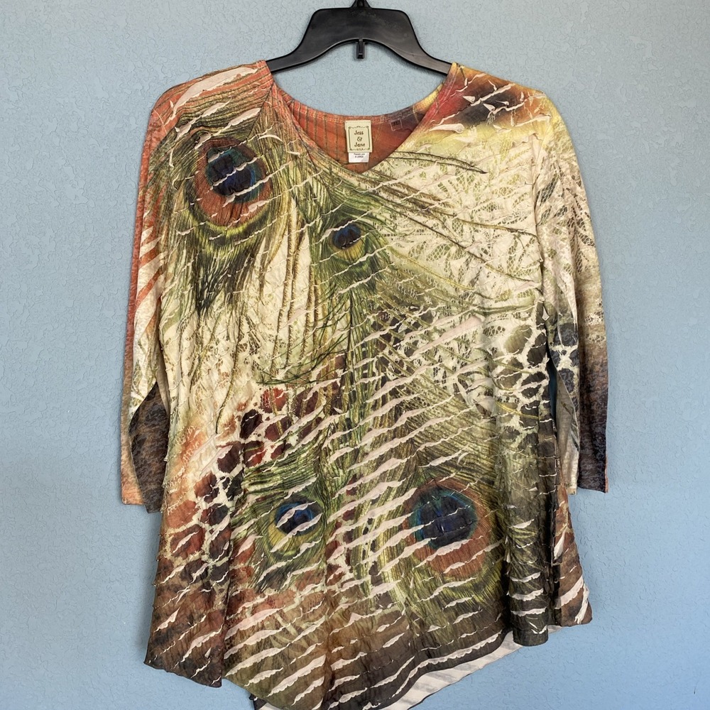 Jess & Jane‎ Top Womens XL Peacock Giraffe Print USA Made Artsy Stretch Shirt
